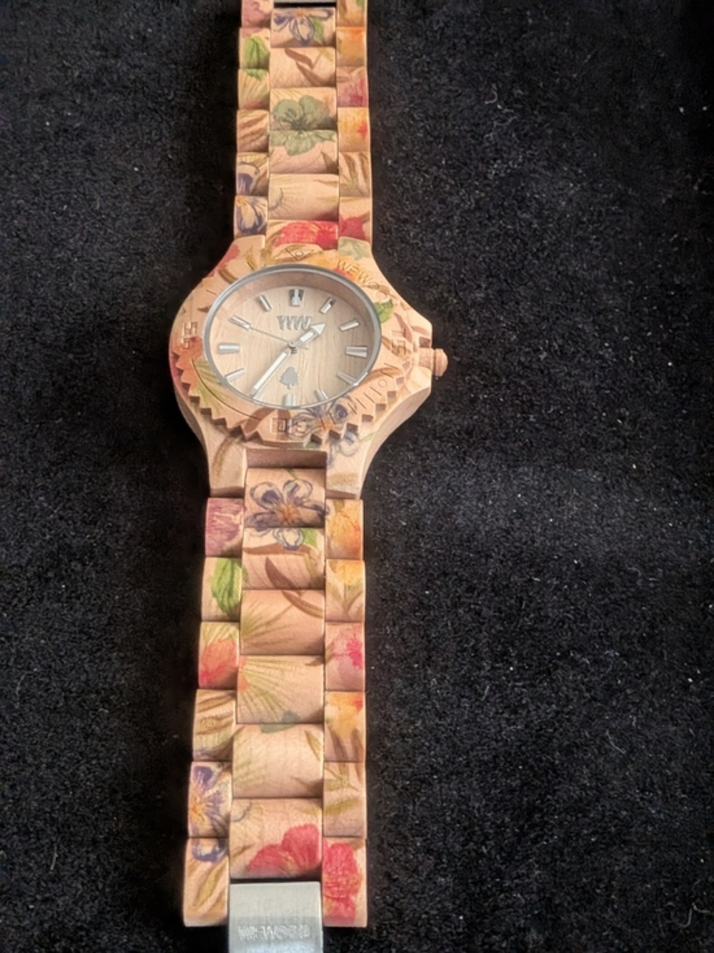 WeWood Date Flower Beige natural wood watch with a colorful printed floral desig